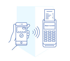 Vector outline flat illustration of safe nfc payment approved on a terminal. Mobile payments with a smart-phone in linear flat style