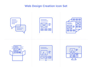 Vector icon set of web site creation process. Illustration of web development work flow in linear flat style