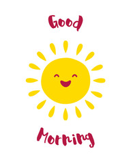 Cartoon sun smiles. Good morning card. Vector.