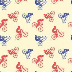 Seamless pattern of cyclists, bicycles red and sisny on a light background. Vector illustration AI10