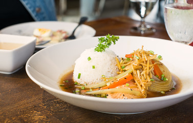 steamed salmon fish with soy sauce and rice