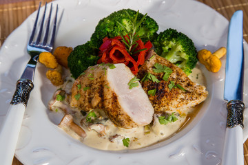 Grilled chicken, cream sauce with mushrooms chanterelles, broccoli and roasted red peppers