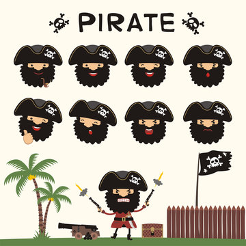 Emoticons set face of pirates in cartoon style. Collection isolated heads of pirates in different emotion and his body.