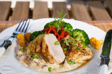 Grilled chicken, cream sauce with mushrooms chanterelles, broccoli and roasted red peppers