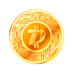 Bright golden coin with microchip pattern and Digibyte sign. Cryptocurrency concept on white