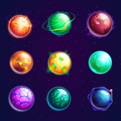 Set of isolated cartoon planets with satellites