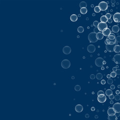 Random soap bubbles. Scatter right gradient with random soap bubbles on deep blue background. Vector illustration.