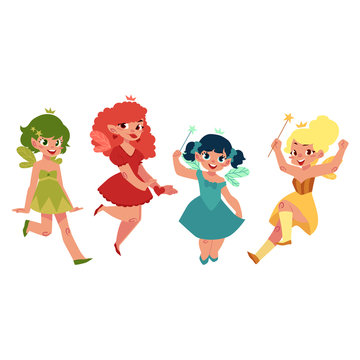 Set of fairy girls in colorful dresses with wings and wands, cartoon vector illustration isolated on white background. Happy, smiling fairy girls flying and standing in colorful dresses, holding wands