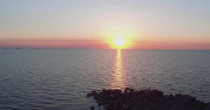 aerial shot the coast of the sea of Azov in Yeysk, Russia, at sunset