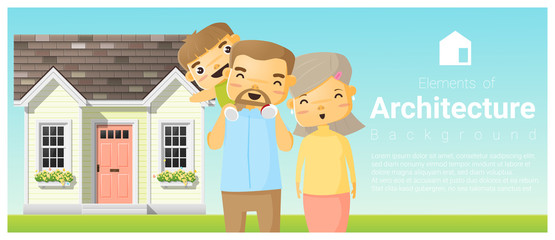 Happy family standing outside their house background , vector , illustration