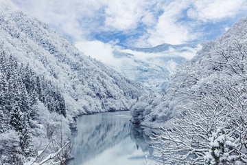Majestic white and Picturesque and gorgeous wintry scene of snow mountain with tree, blue sky and lake, Japan
