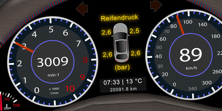 ps_11 ProgrammingScreen - Armaturenbrett / Kombiinstrument mit der Anzeige - Reifendruck Kontrollsystem (RDKS) - self-driving car illustration - 2to1 - g5306