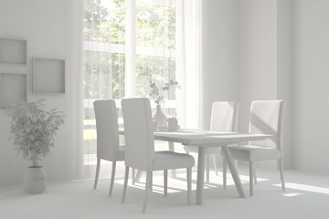 White dinner room with green landscape in window. Scandinavian interior design. 3D illustration