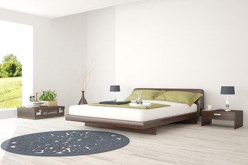 Naklejka na ściany i meble Idea of white modern bedroom. Scandinavian interior design. 3D illustration