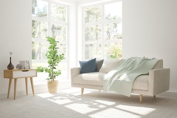 White room with sofa and summer landscape in window. Scandinavian interior design. 3D illustration