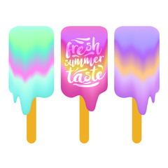 set of three ice cream on a white background, fresh summer taste, Liquid color sticking mesh form. Vector illustration, design elements.
