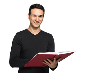 Student holding a book isolated on white