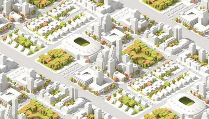 Architectural Isometric info graphic city streets with different buildings, houses, transport, shops and skyscrapers. 3D low poly style. Seamless texture.
