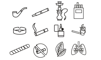 Black outline various tobacco goods accessories icons set. Vector illustration on  white background