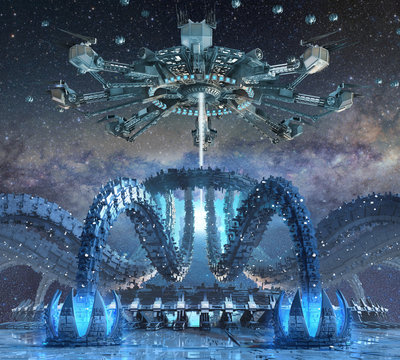 3D Rendering of organic alien architecture with a futuristic structure mimicking octopus tentacles interacting with a hovering spider-like spaceship, for fantasy or science fiction backgrounds.