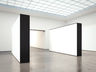 Exhibition with blank white walls. 3d rendering