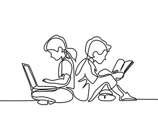 Boy and girl studing with notebook and reading book. Back to school concept. Continuous line drawing. Vector illustration on white background