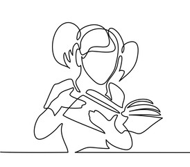 Girl reading book. Back to school concept. Continuous line drawing. Vector illustration on white background