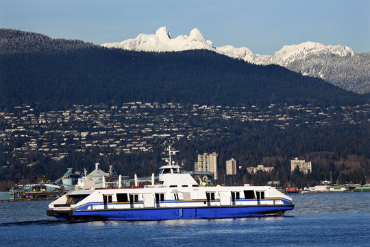 Vancouver Harbor Ferry Snowy Two Lions Mountains British Columbia
