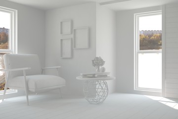 White room with armchair. Scandinavian interior design. 3D illustration