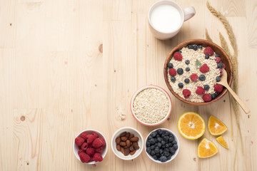 Healthy breakfast ingredients on wood table, Healthy food concept