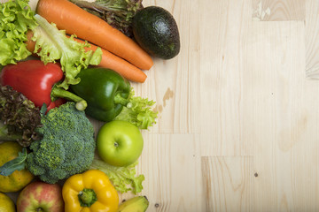 Vegetables and fruits on wood table ,Healthy food concept