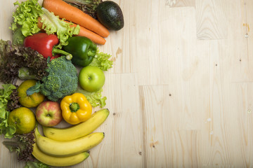 Vegetables and fruits on wood table ,Healthy food concept