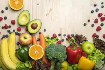 Vegetables and fruits on wood table ,Healthy food concept