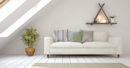 Idea of white minimalist room with sofa. Scandinavian interior design. 3D illustration