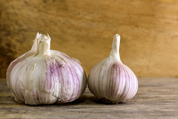 Garlic clove and garlic bulb on wooden background