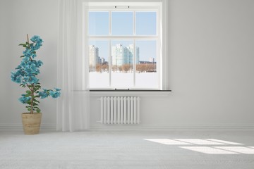 Idea of white empty room with urban  landscape in window. Scandinavian interior design. 3D illustration