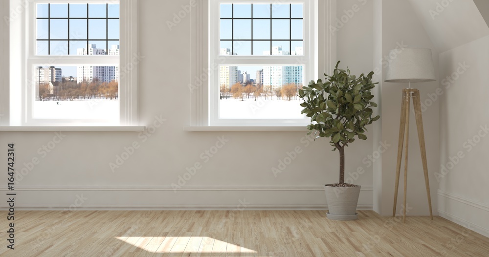 Wall mural white empty room with urban landscape in window. scandinavian interior design. 3d illustration