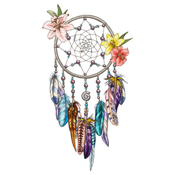 Hand drawn ornate Dreamcatcher with lily flowers. Astrology, spirituality, magic symbol. Ethnic tribal element.