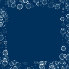 Random soap bubbles. Square scattered border with random soap bubbles on deep blue background. Vector illustration.