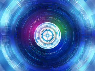 Abstract futuristic digital technology background. Digital communication concept. Vector illustration with gear, binary code and engineering elements.