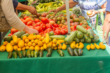 Farmer's market produce for sale at stand, with one woman reaching for a squash on left and another woman holding tomatoes on the right. Tomatoes, squashes, gypsy peppers and bell peppers are visible.