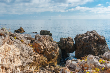 Fototapeta na wymiar Black Sea shore in natural reserve on Cape Martyan, Crimea, Ukraine