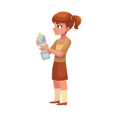 Girl holding plastic bottle, waste, garbage recycling concept, cartoon vector illustration isolated on white background. Full length portrait of girl with a plastic bottle, garbage collection