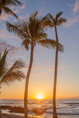 Fototapeta na wymiar person laying in hammock between two silhouetted palm trees on Hawaiian beach at sunset. Two large palm trees frame hammock with sun setting in distance. Orange, yellow and pink hues