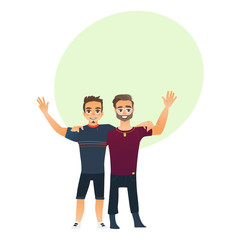 Male friendship - two boys, men, friends hugging each others, waving, cartoon vector illustration with space for text. Front view portrait of boys, men, friends standing, hugging each other