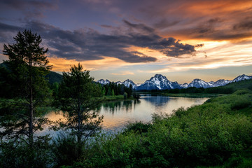 Mountain and River at Sunset