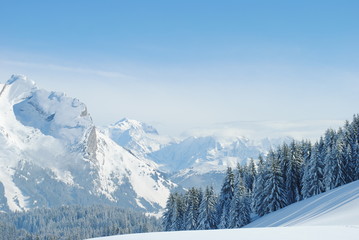 Snow in Haute-Savoie, Alpes, France.
