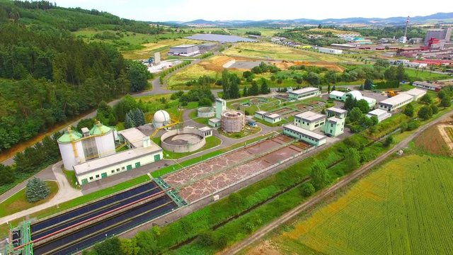 Aerial view of public sewage treatment plant for 22, 000 inhabitants of Klatovy city in Czech Republic, Europe. Environment and industry from above. 