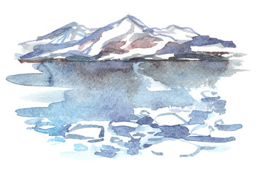 Northern sea landscape with snowy hills, glaciers and cold icy water painted in watercolor on clean white background