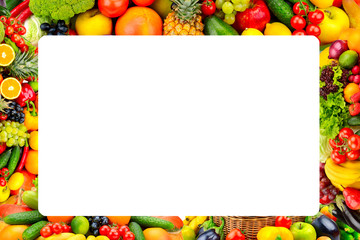 Frame of fresh fruits and vegetables. There is free space for text.